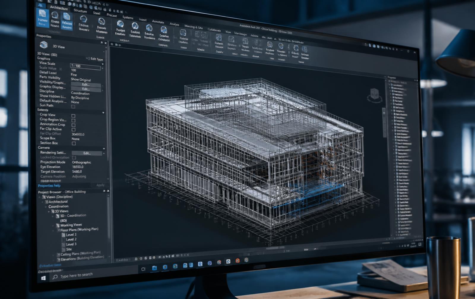 Revit architectural model of a commercial building on a drafting workstation