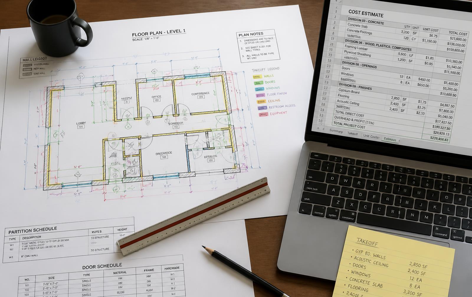 Marked-up floor plan with quantity takeoff notes and a cost estimate spreadsheet